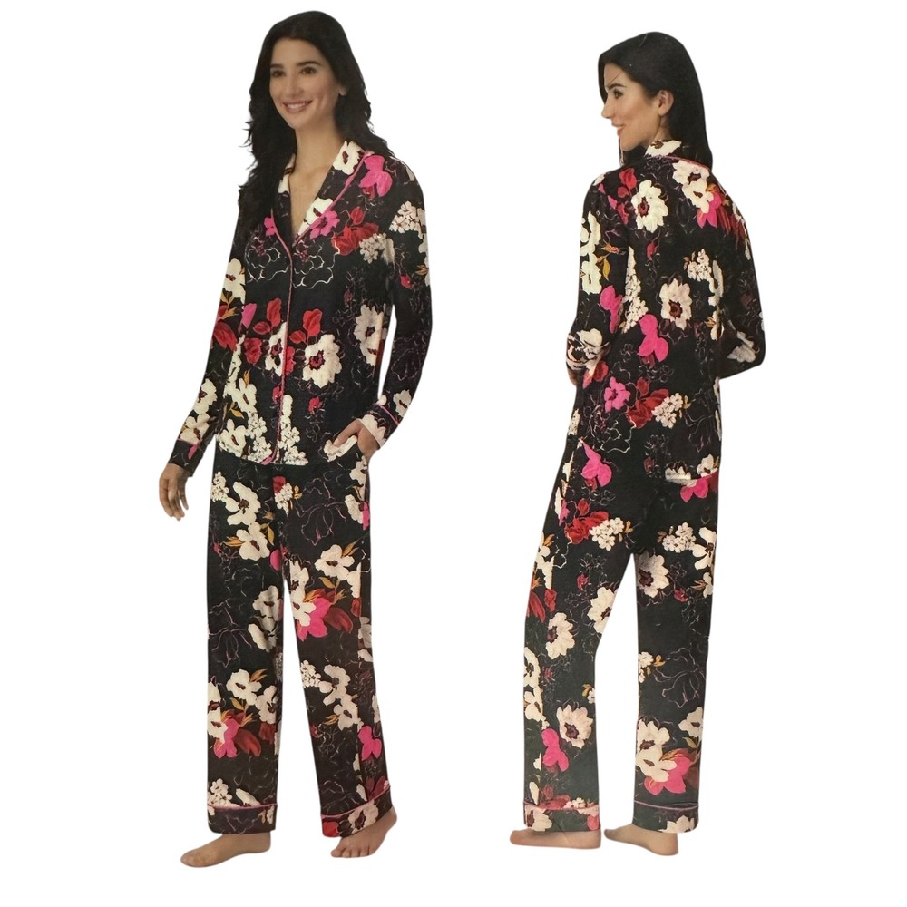 ROOM SERVICE Black Floral Shawl Collar Pajama Set Long Sleeve Pants Size Small